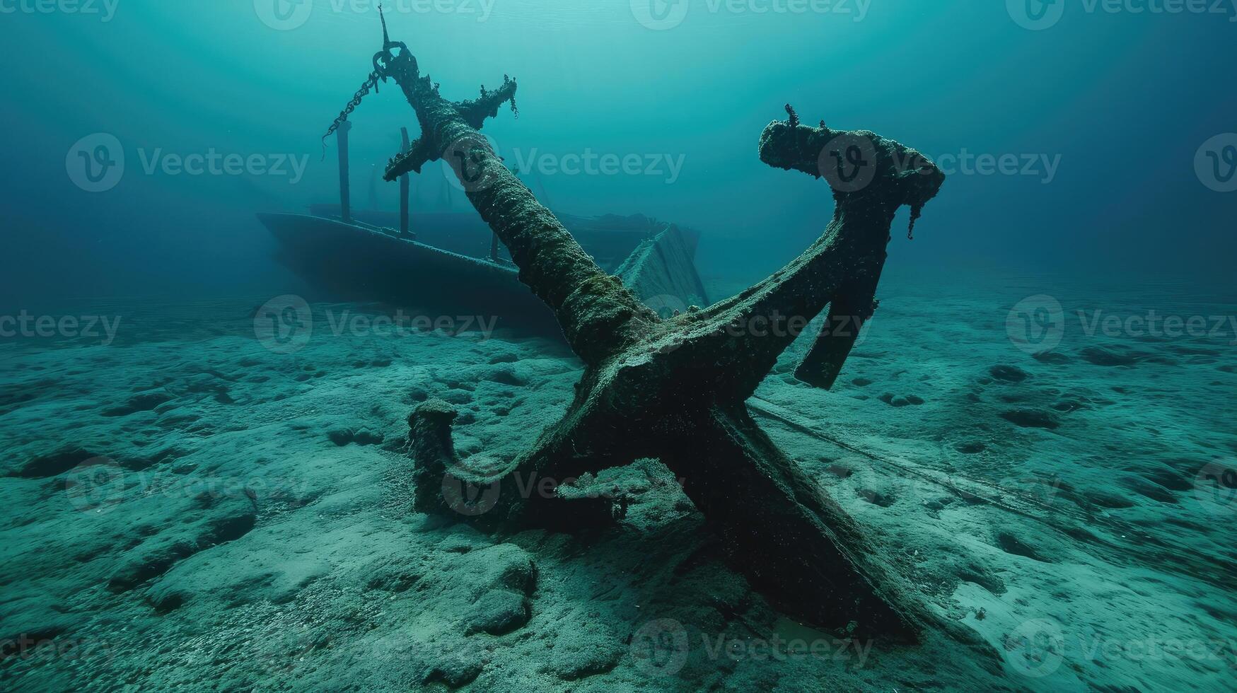 AI generated Anchor of old ship underwater on the bottom of the ocean photo