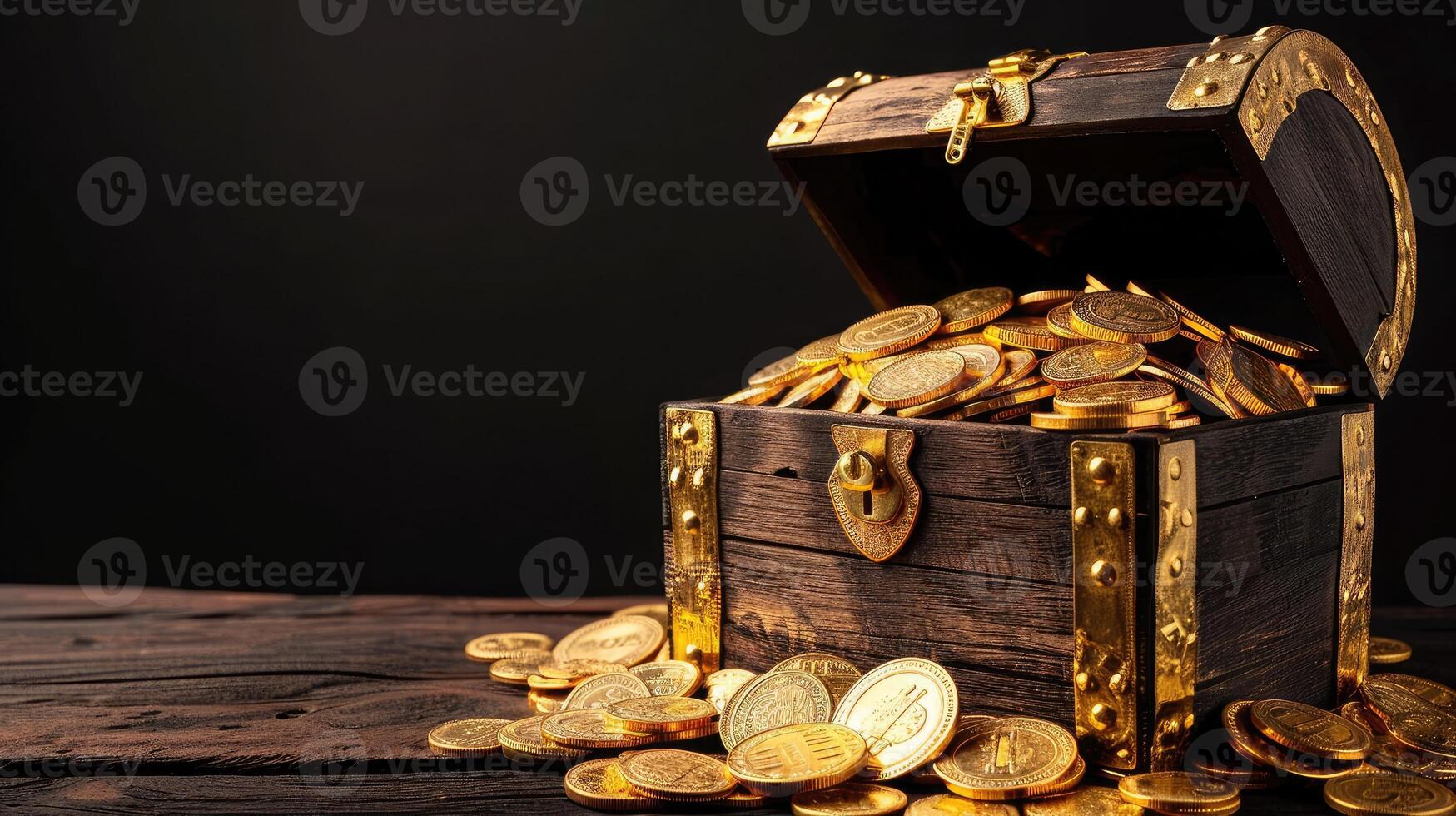 AI generated Open treasure chest with gold coins on table against black background photo