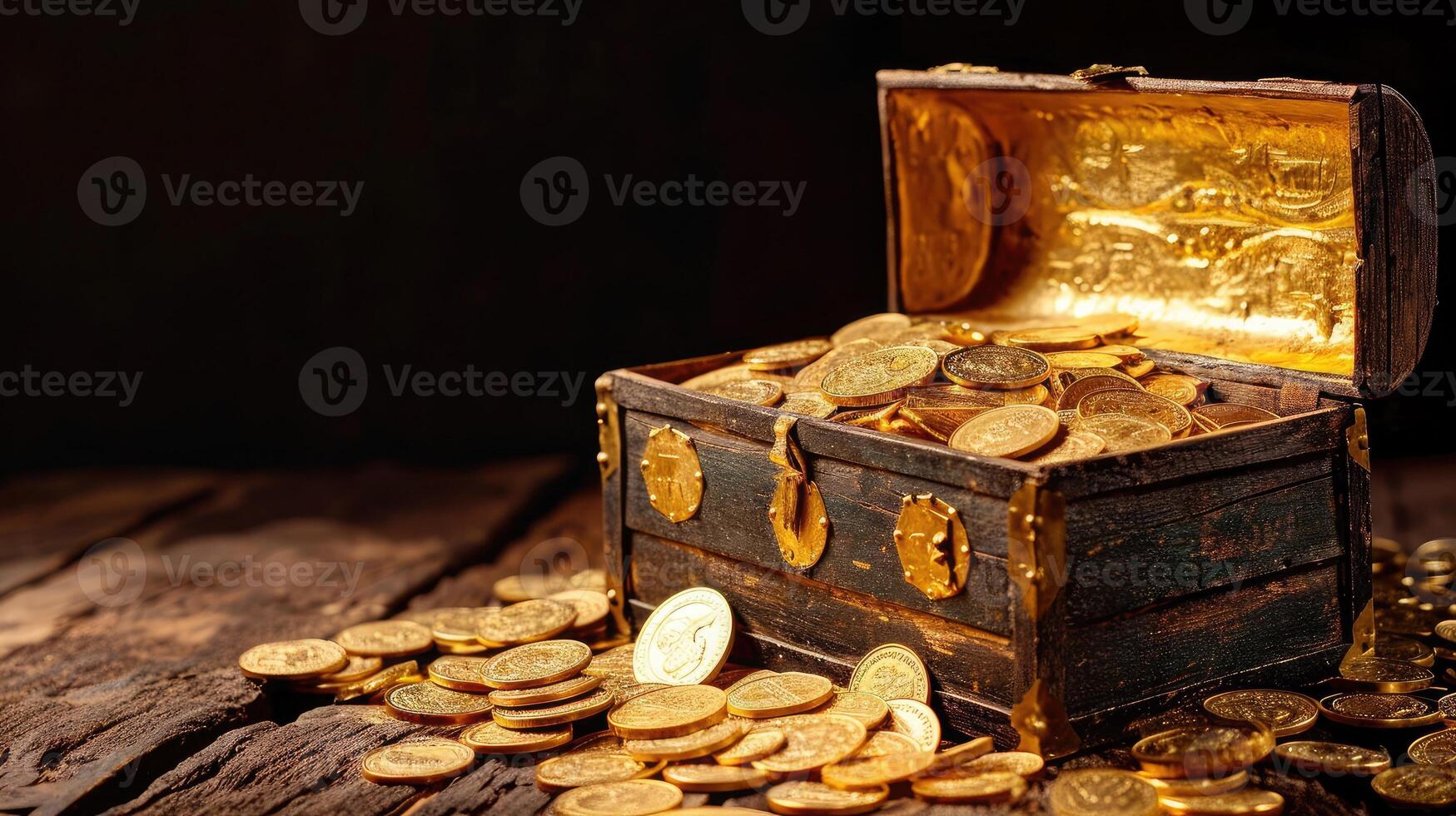 AI generated Open treasure chest with gold coins on table against black background photo