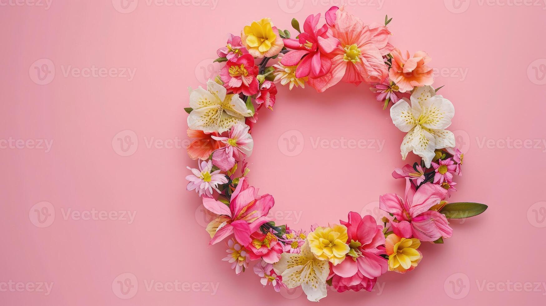 AI generated Spring wreath made of colorful flowers on pink background, place for text, holiday concept. Flat lay photo