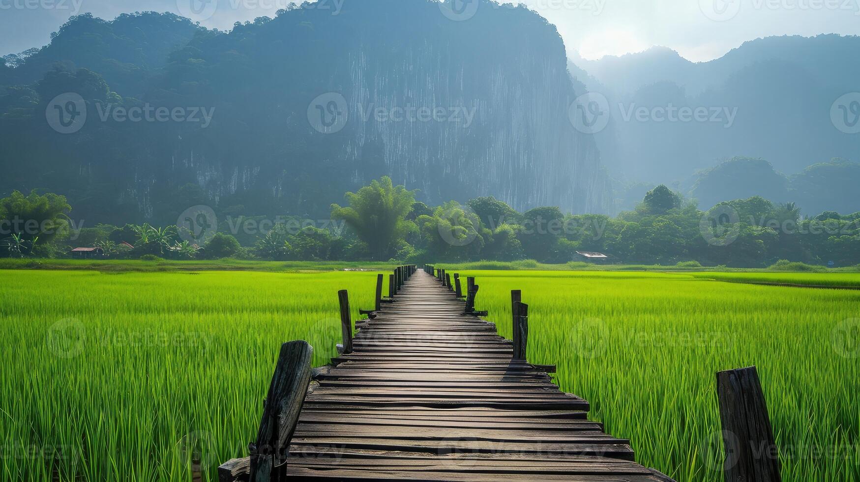 AI generated Landscape Wooden Bridge on Green Rice Field and Limestone Mountain Background photo