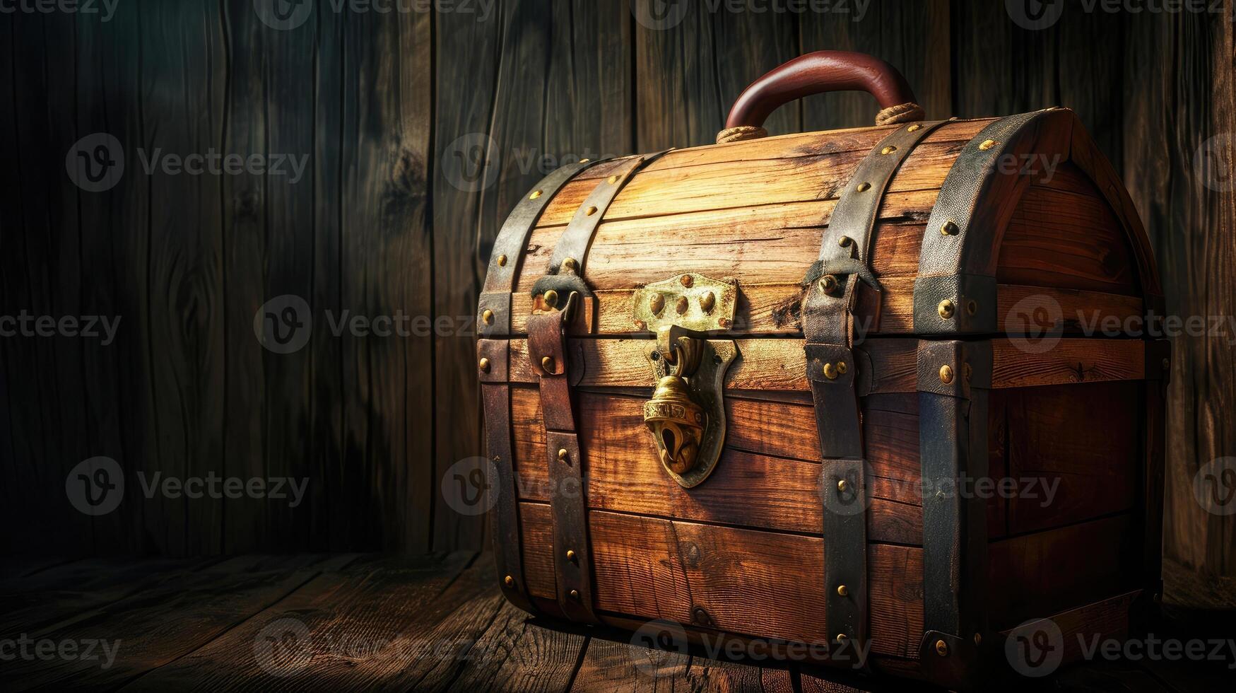 AI generated Wooden treasure chest on dark background photo