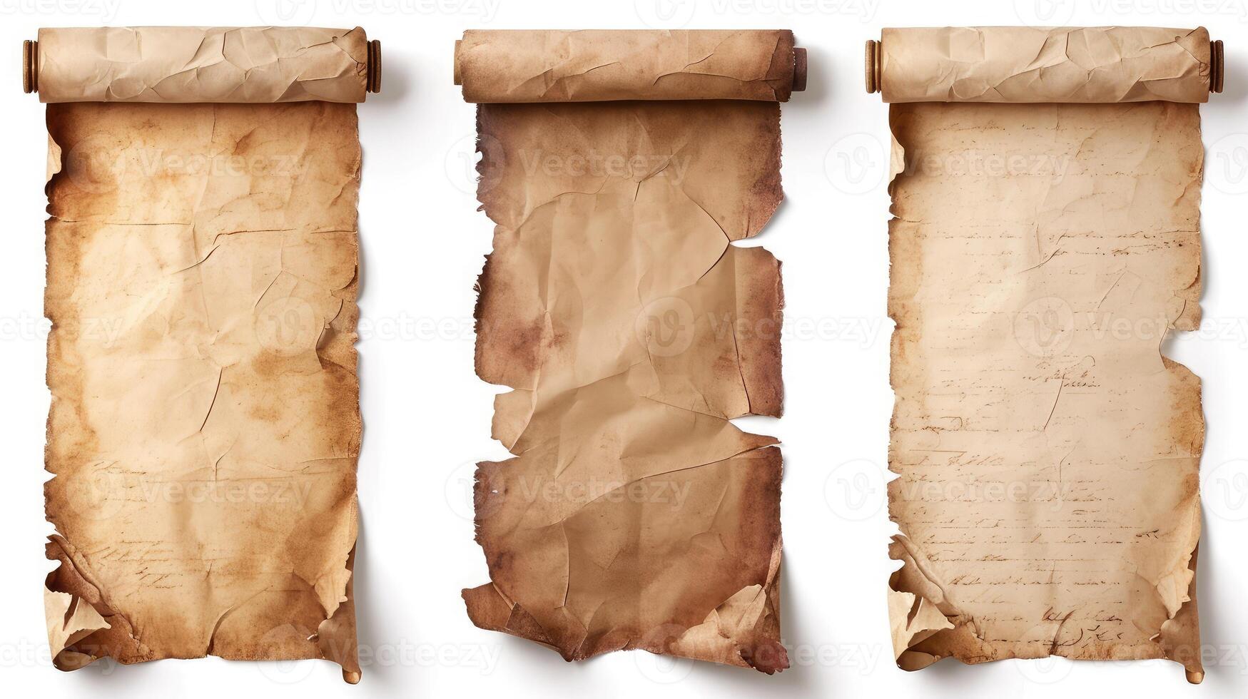 AI generated Old Parchment paper scroll isolated on white. Vertical banners set photo