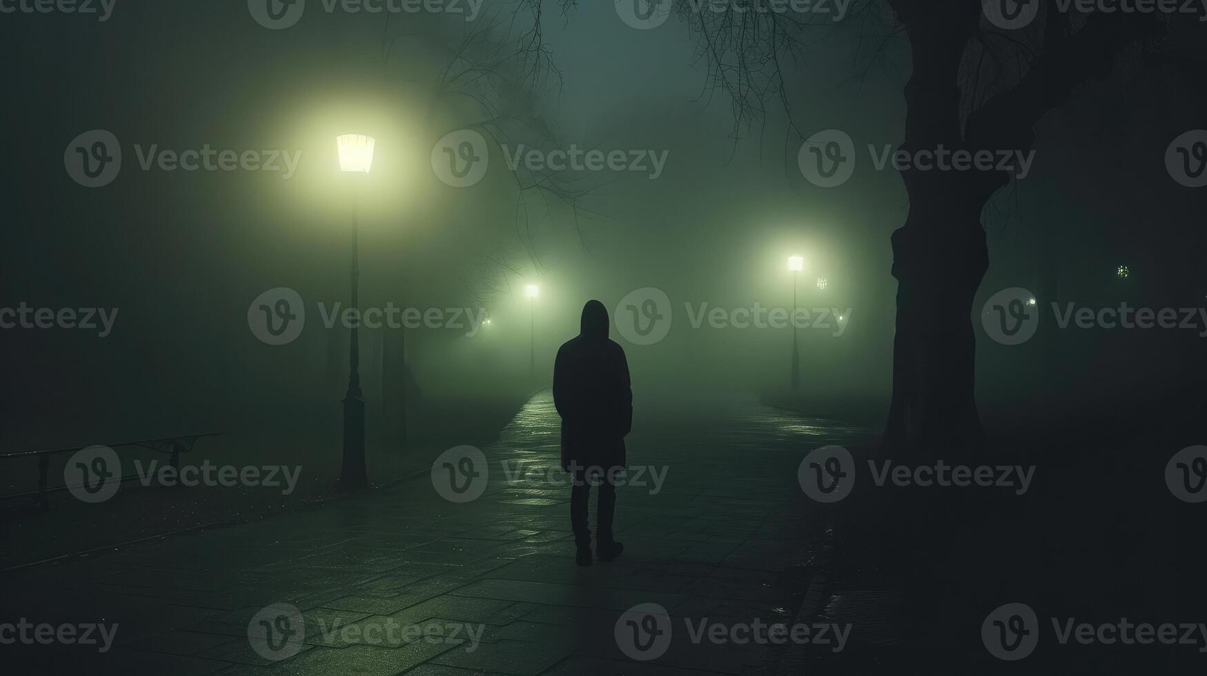 AI generated Sad man alone walking along the alley in night foggy park Back view photo