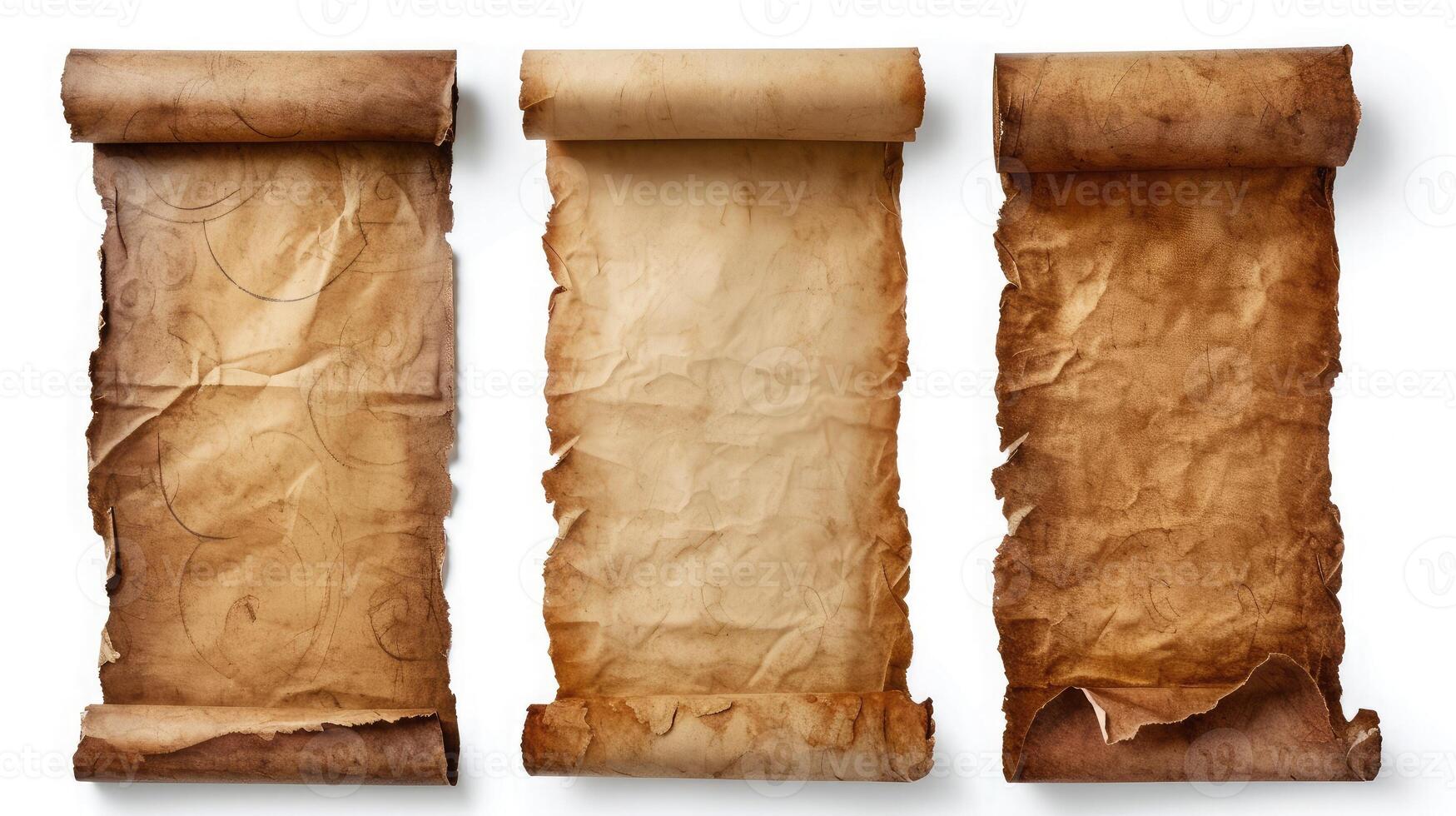 AI generated Old Parchment paper scroll isolated on white. Vertical banners set photo