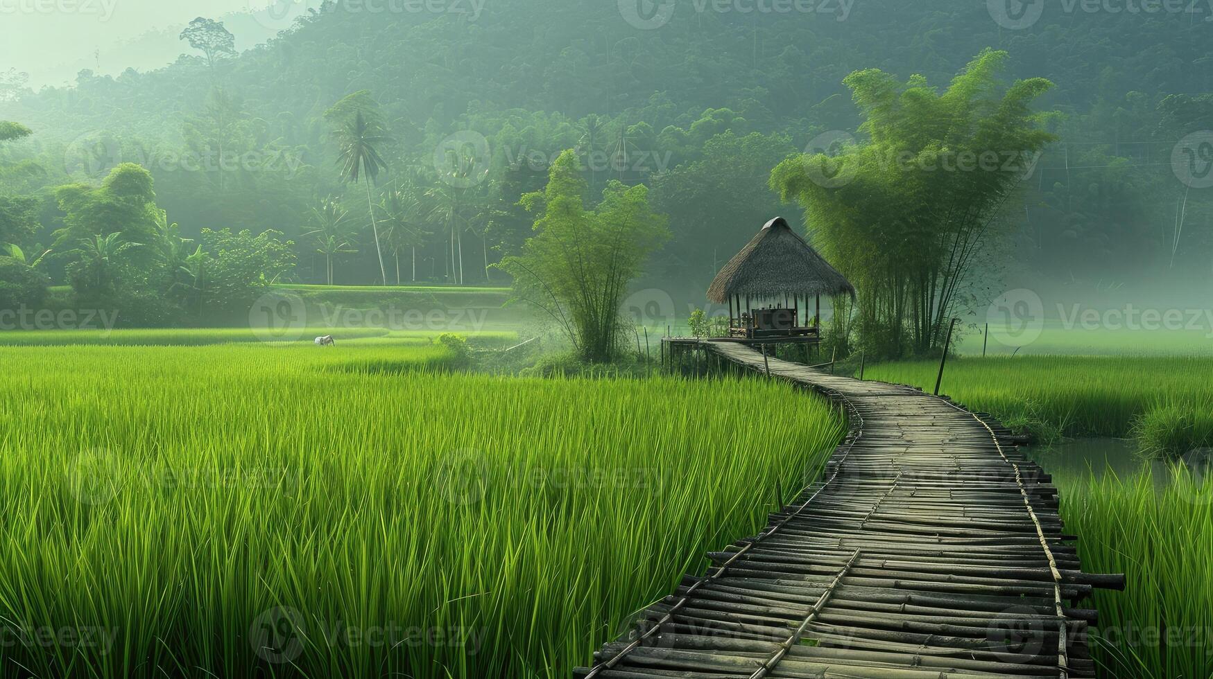 AI generated Landscape with rice fields and wooden bridges makes you feel fresh and bright. photo