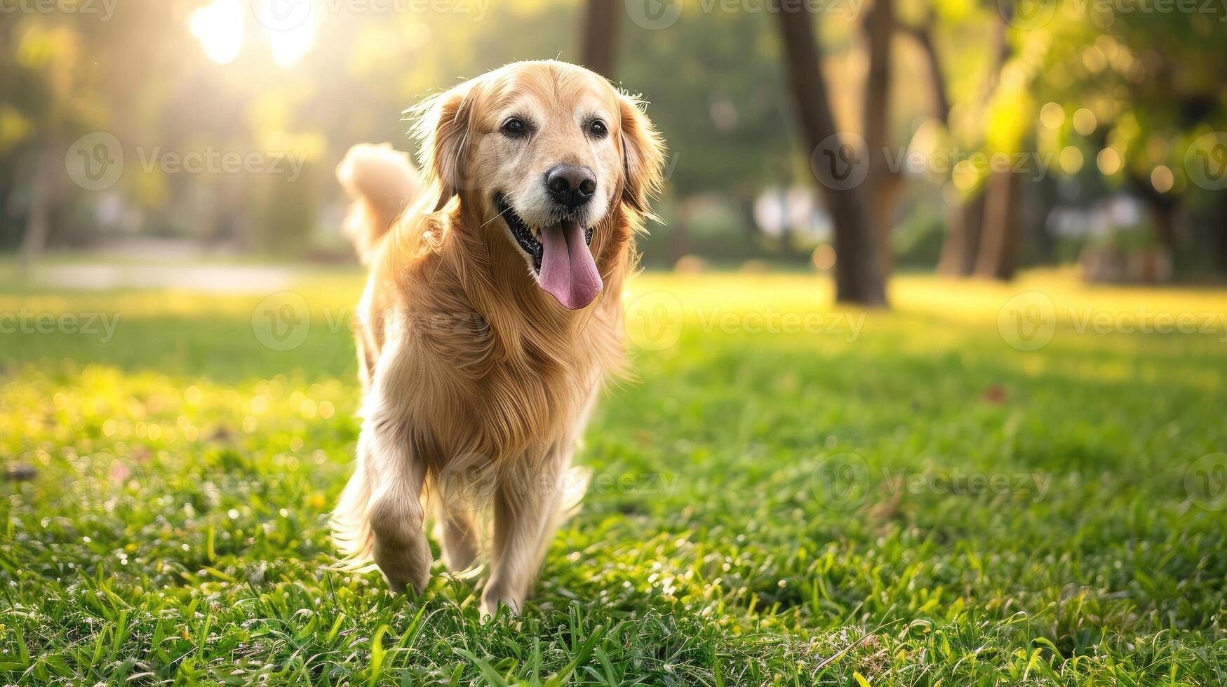 AI generated Smiling Face Cute Lovely Adorable Golden Retriever Dog Walking in Fresh Green Grass Lawn in the Park photo