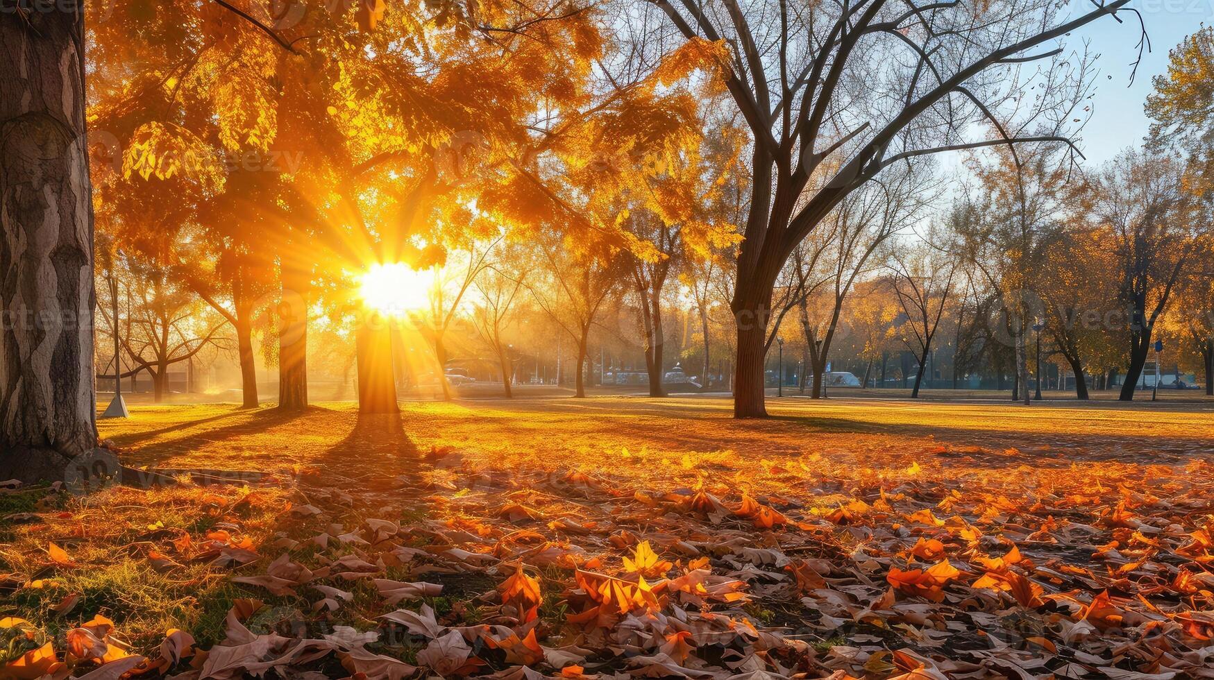 AI generated autumn city park at sunrise photo