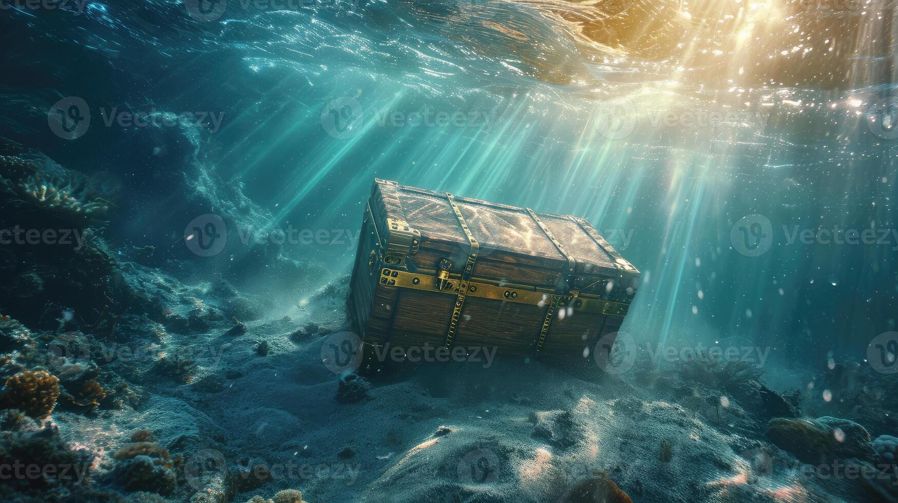 AI generated photo of treasure chest submerged underwater with light rays