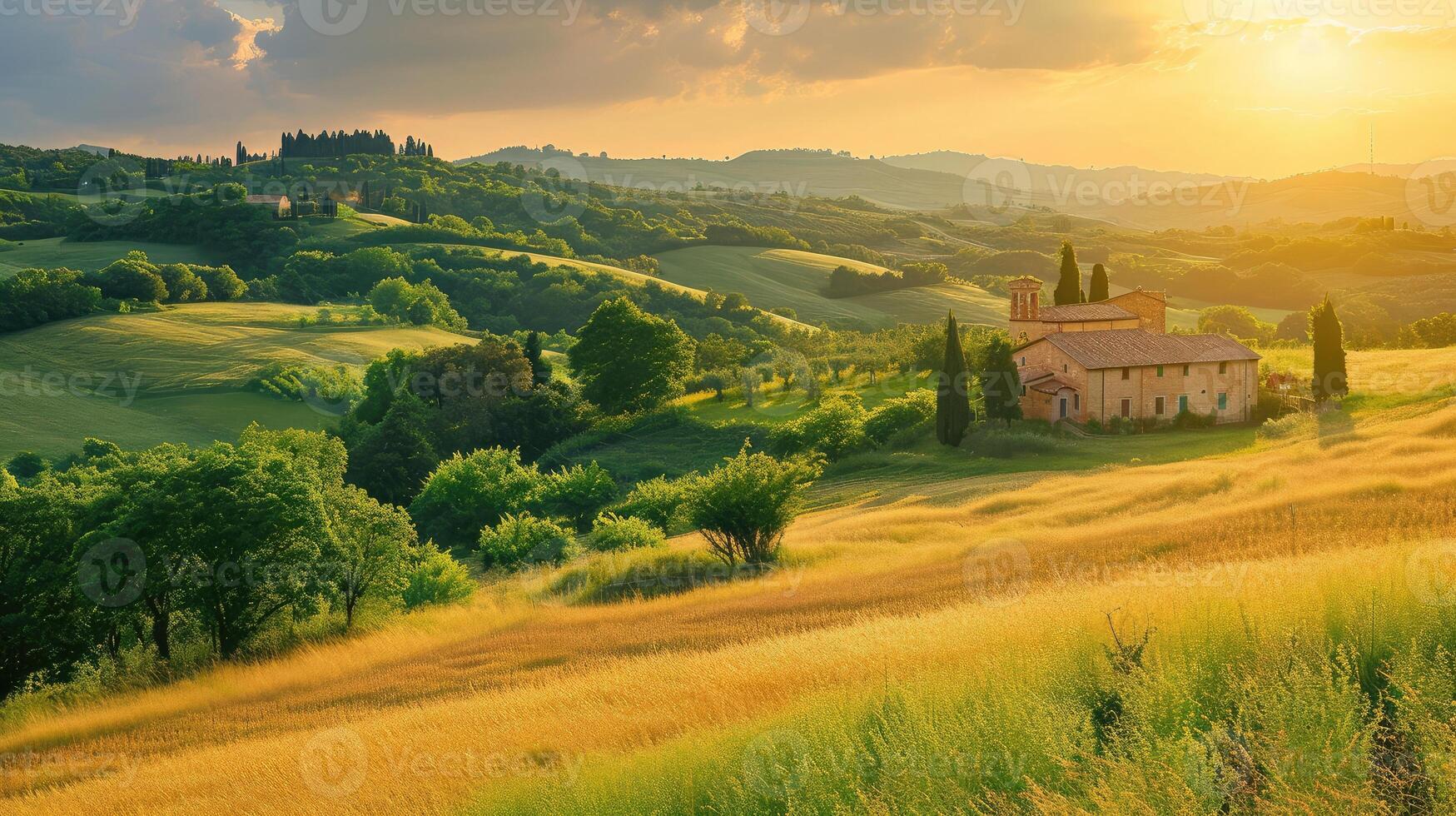AI generated Countryside landscape. Beautiful typical countryside summer landscape. photo