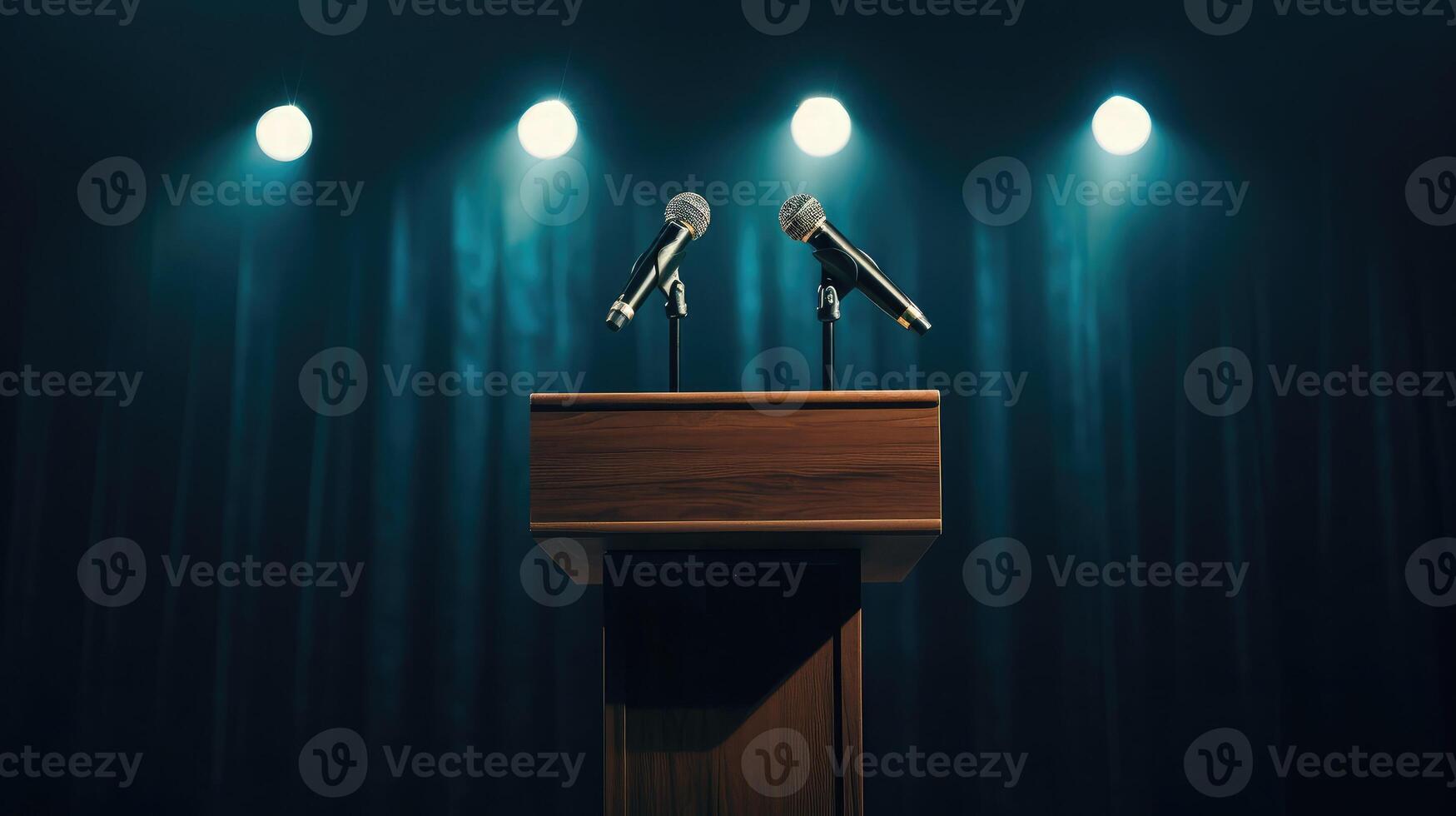 AI generated wooden speech podium with three small microphones attached on a dark background spotlit photo