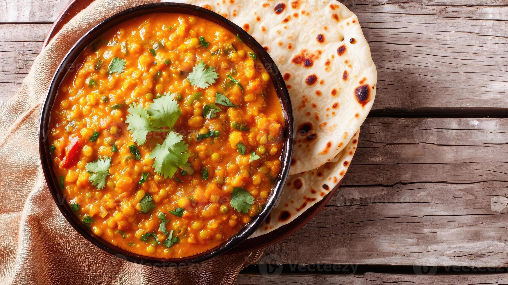 AI generated Indian popular food Dal Tadka Curry served with roti flatbread close-up on the table. horizontal top view from above photo