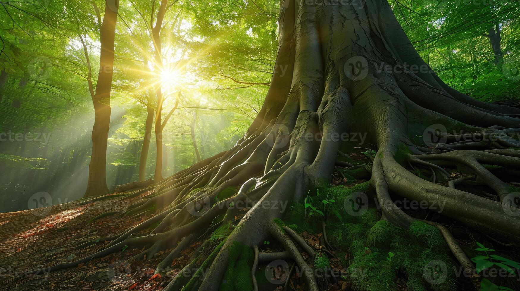 AI generated big tree roots and sunbeam in a green forest photo