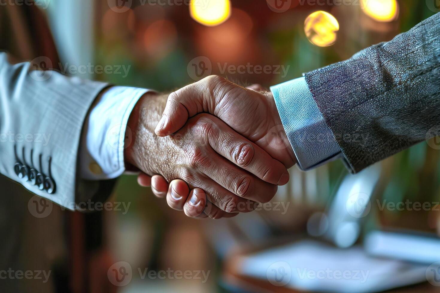 AI generated Close-up of two businessmen shaking hands after completing a deal. AI generated photo