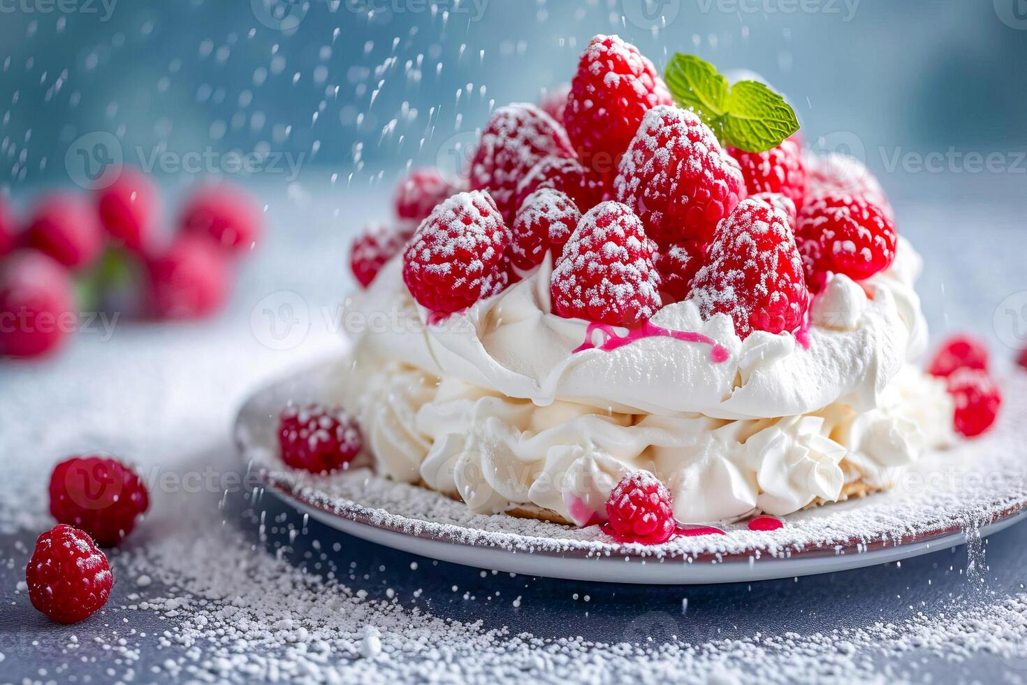 AI Generated Low-calorie dessert Pavlova with fresh berries. photo