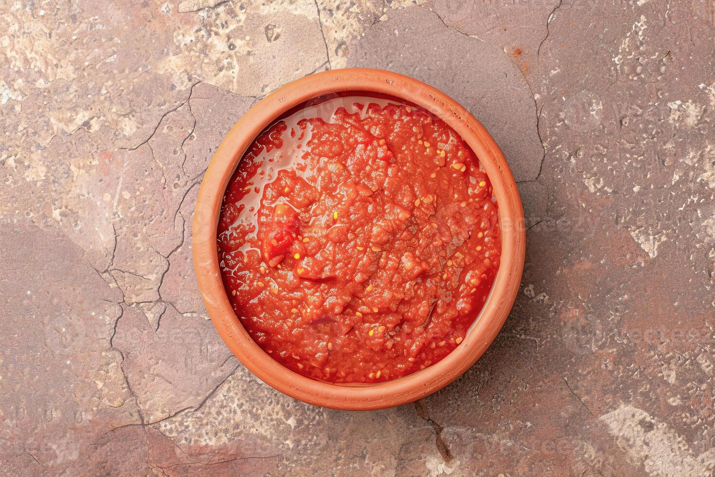 AI generated Harissa sauce, made from hot red pepper, garlic and spices. Top view. AI created. photo