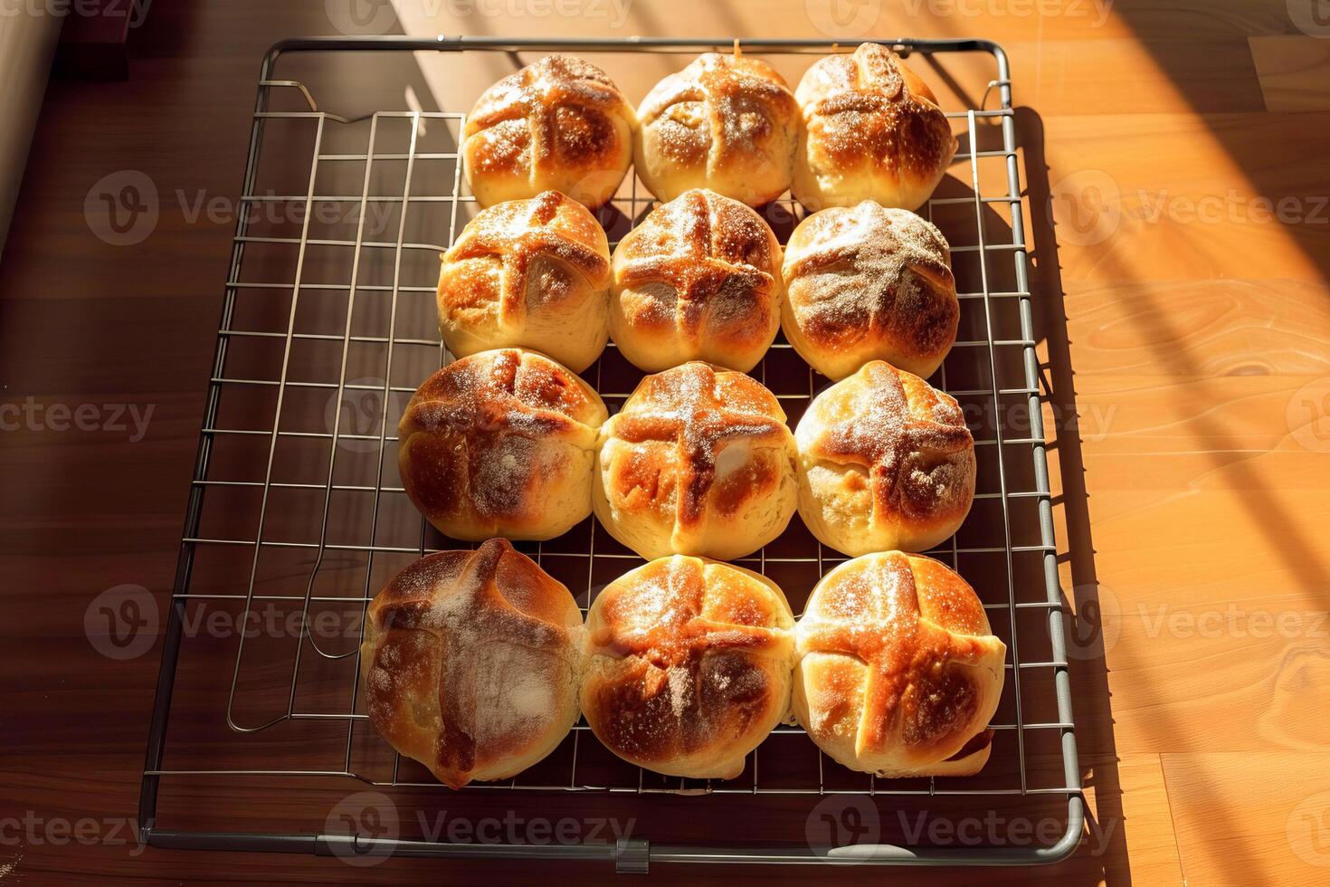 ai generado tradicional Pascua de Resurrección caliente cruzar bollos en un enfriamiento estante. ai generado foto