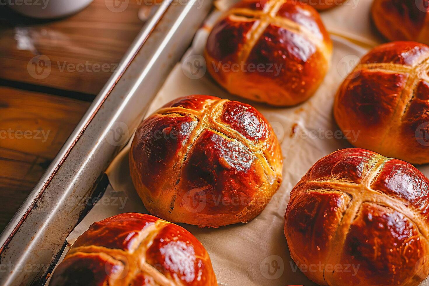 ai generado tradicional Pascua de Resurrección caliente cruzar bollos en un horneando bandeja. ai generado. foto