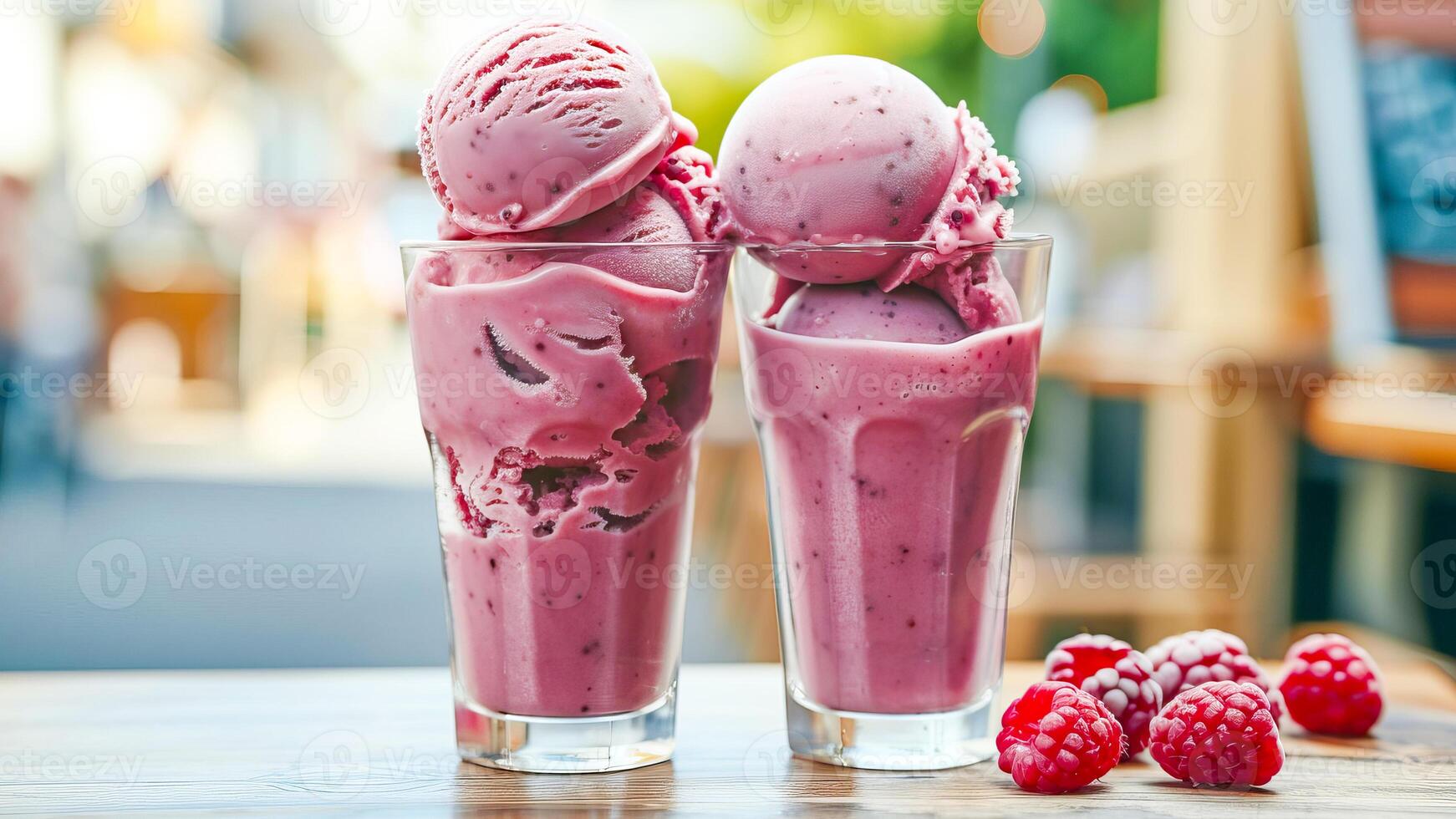 AI generated Two servings of vegan ice cream with raspberries in glasses. AI generated. photo