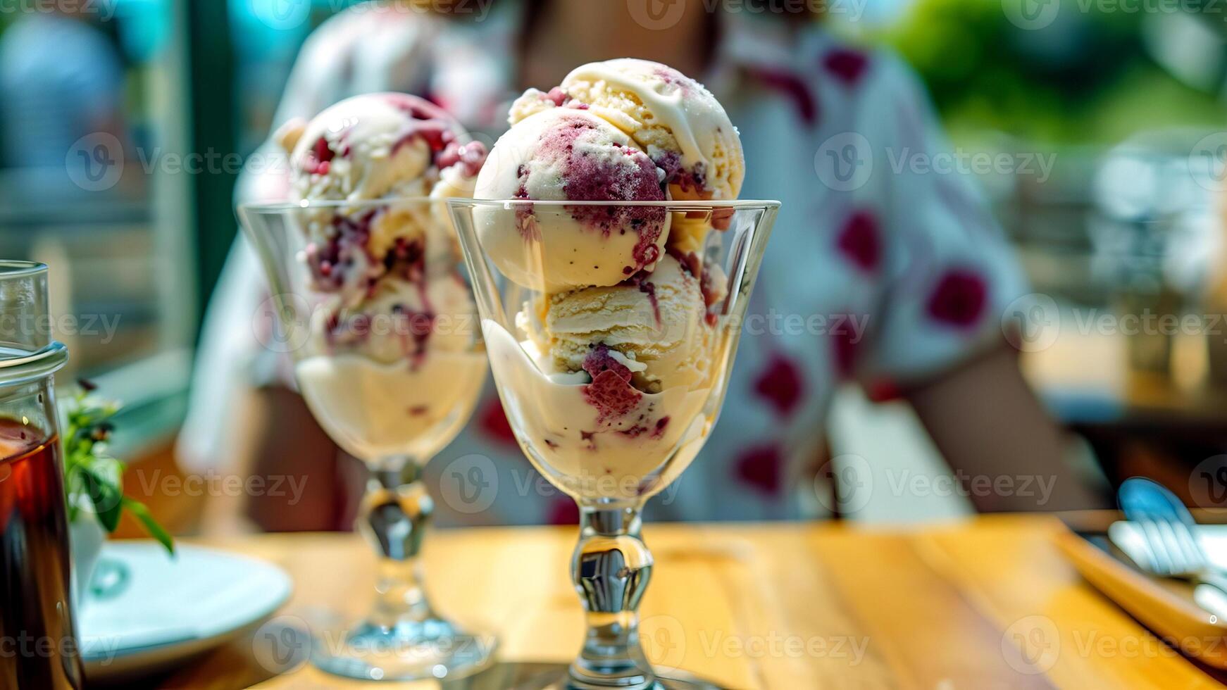 AI generated Two servings of vegan ice cream with raspberries in glasses. AI generated. photo