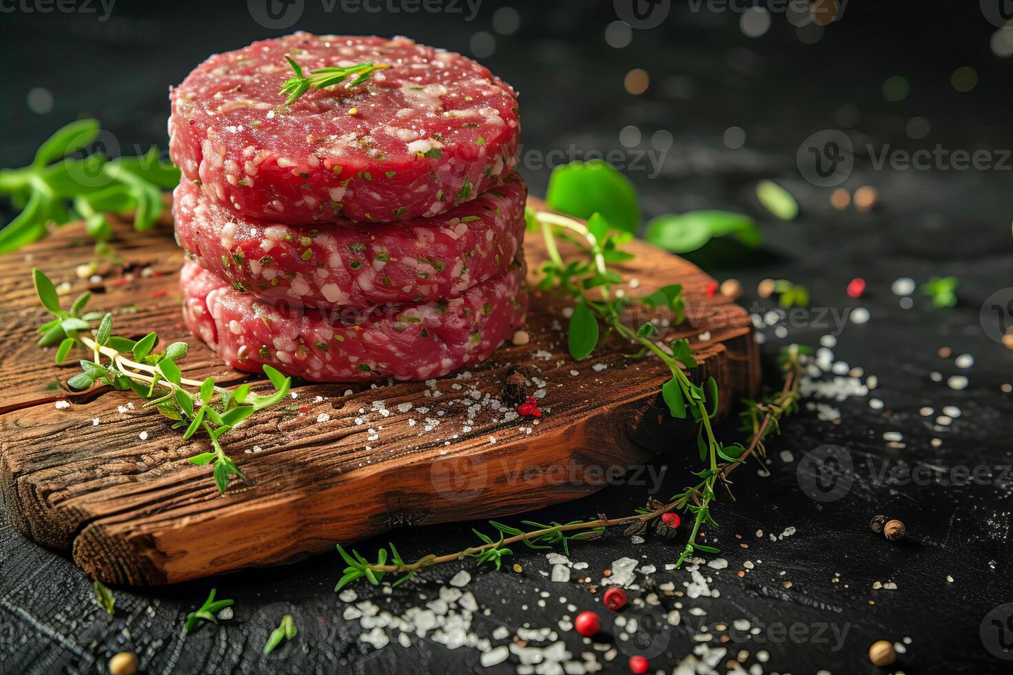 Burger patties made from raw ground beef on a black background. AI generated. photo