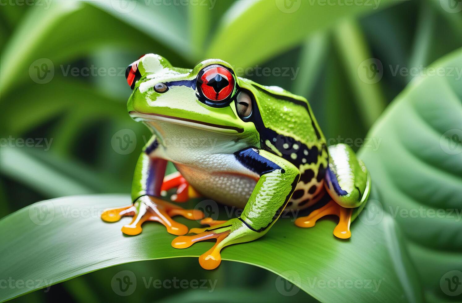 AI generated A tropical green frog sits on a branch of a tropical plant. AI Generated. photo