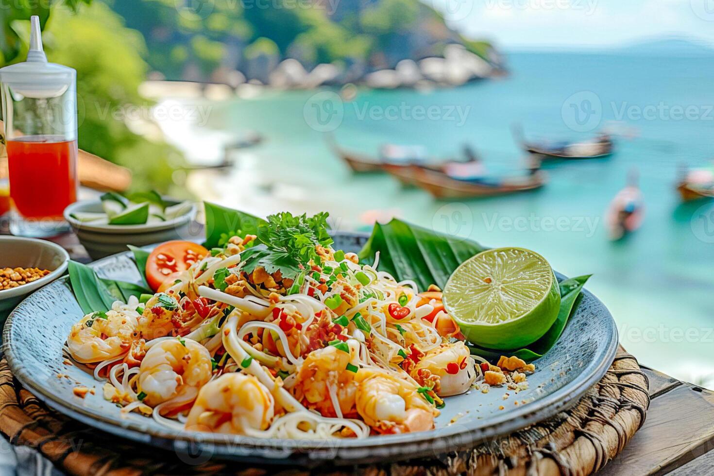 AI generated Thai seafood salad on a plate with lime and spices. AI generated. photo