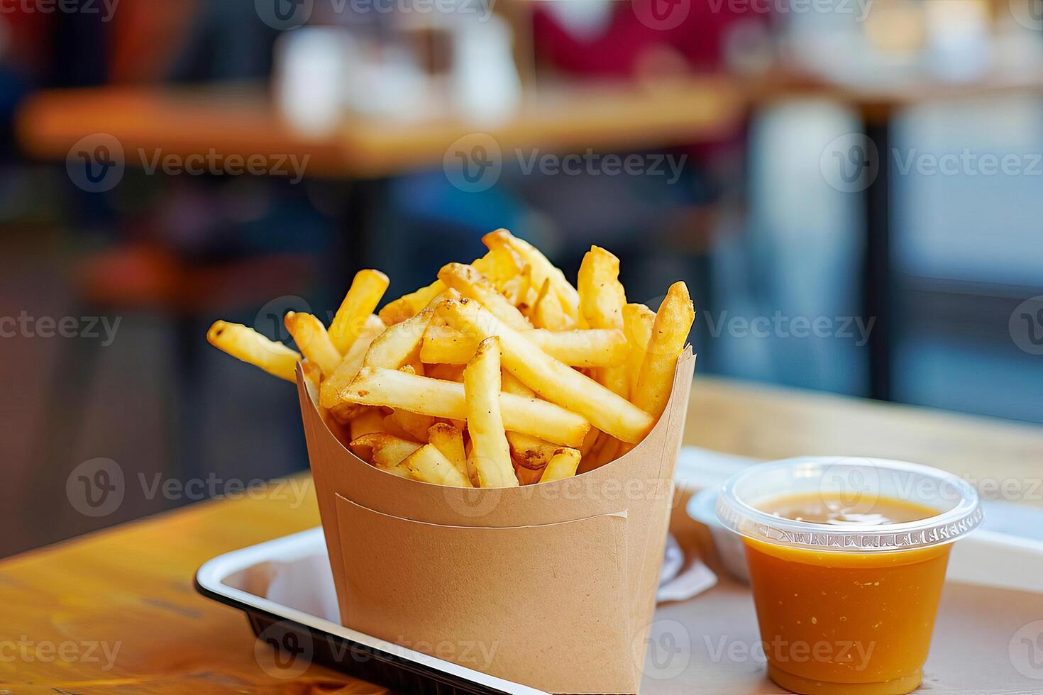 AI generated French fries in a fast food restaurant. Fast food. AI generated. photo