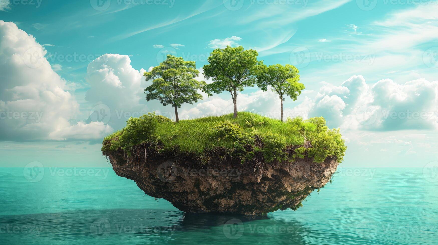 AI generated Travel and vacation background. cut of the ground and the grass landscape. The trees on the island. eco design concept. photo