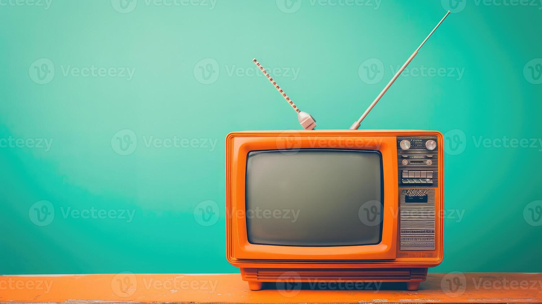AI generated Retro old orange TV receiver on table front gradient aquamarine wall background. Vintage style filtered photo