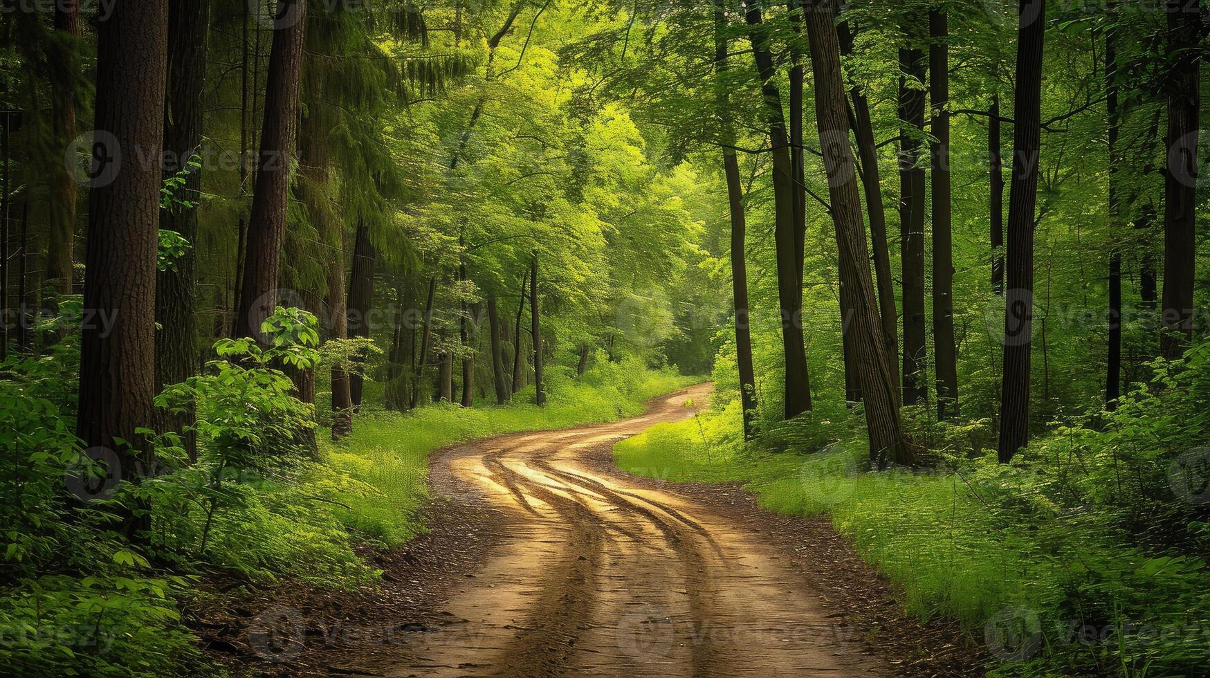 AI generated Dirt road amidst trees in forest photo