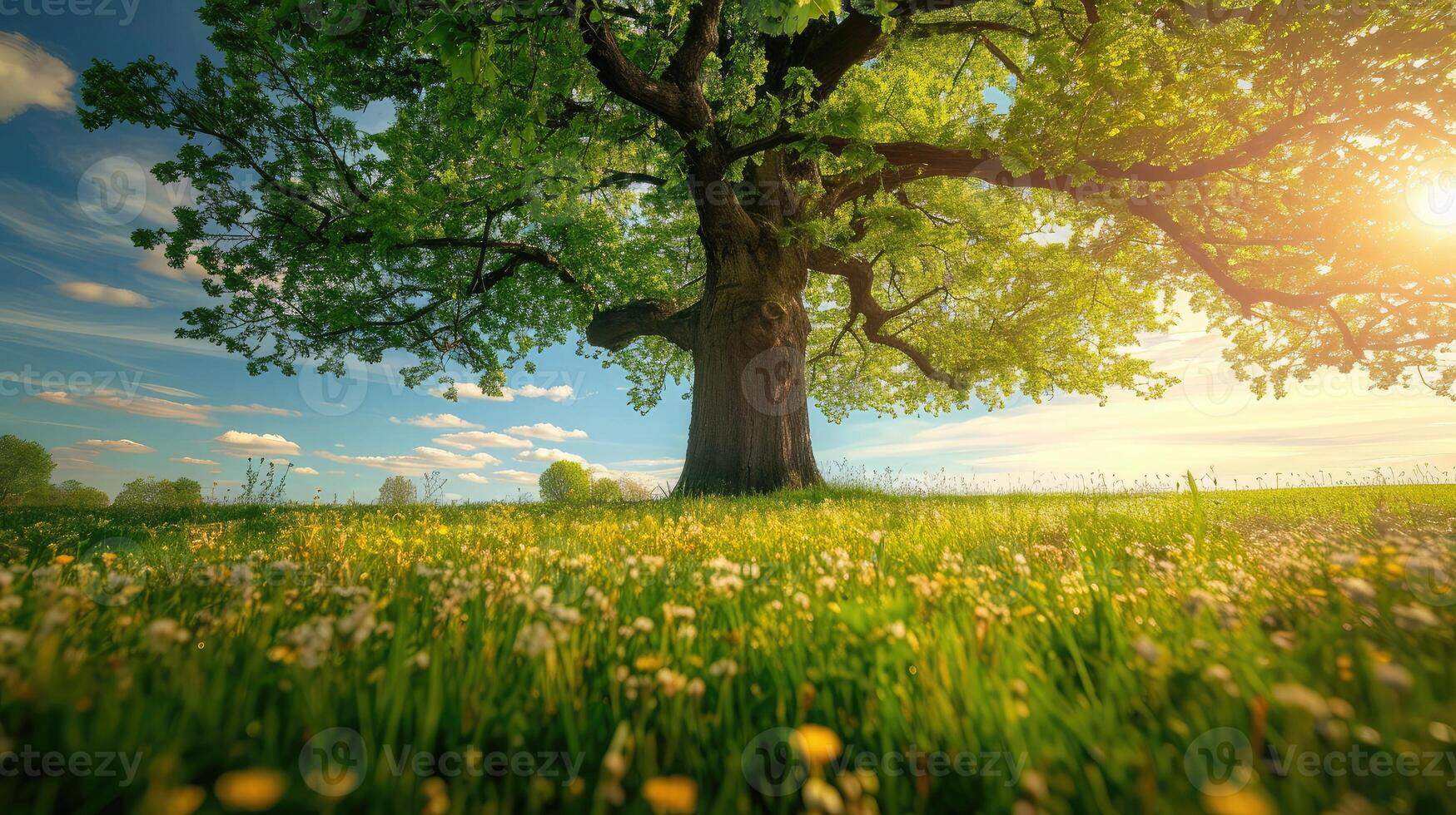 AI generated Spring meadow with big tree with fresh green leaves photo
