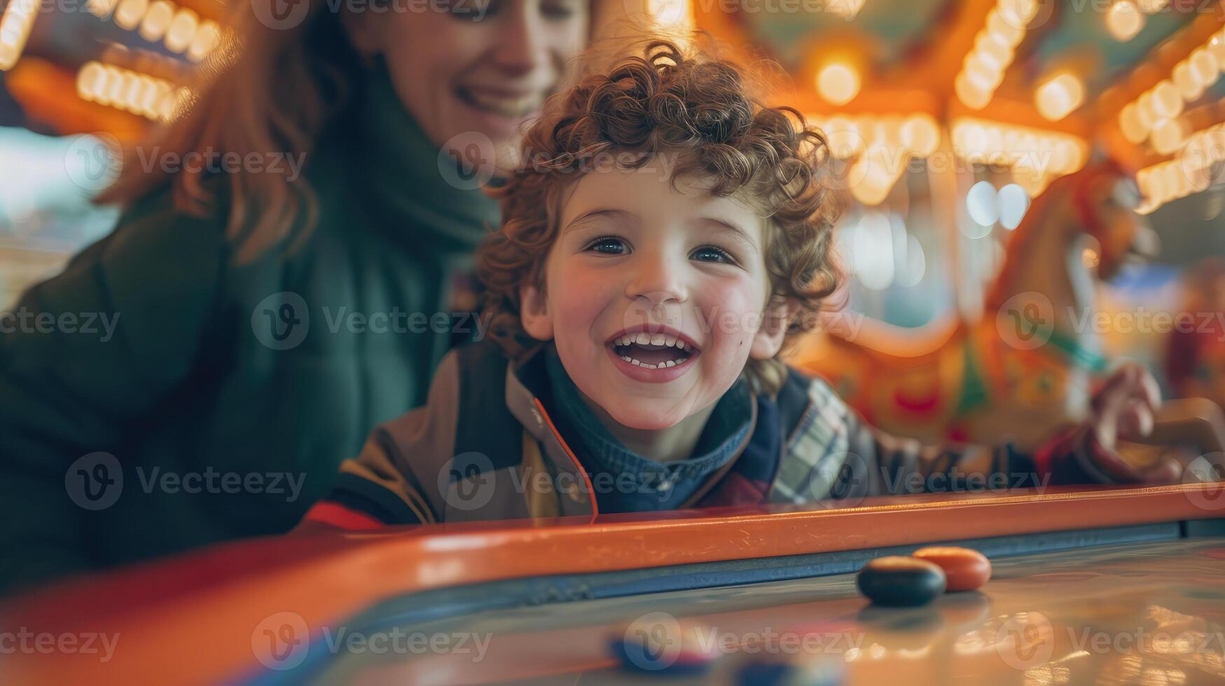 ai generado linda caucásico chico con Rizado pelo con su madre jugando con un disco en un aire hockey en un diversión parque y carrusel en un fin de semana. foto