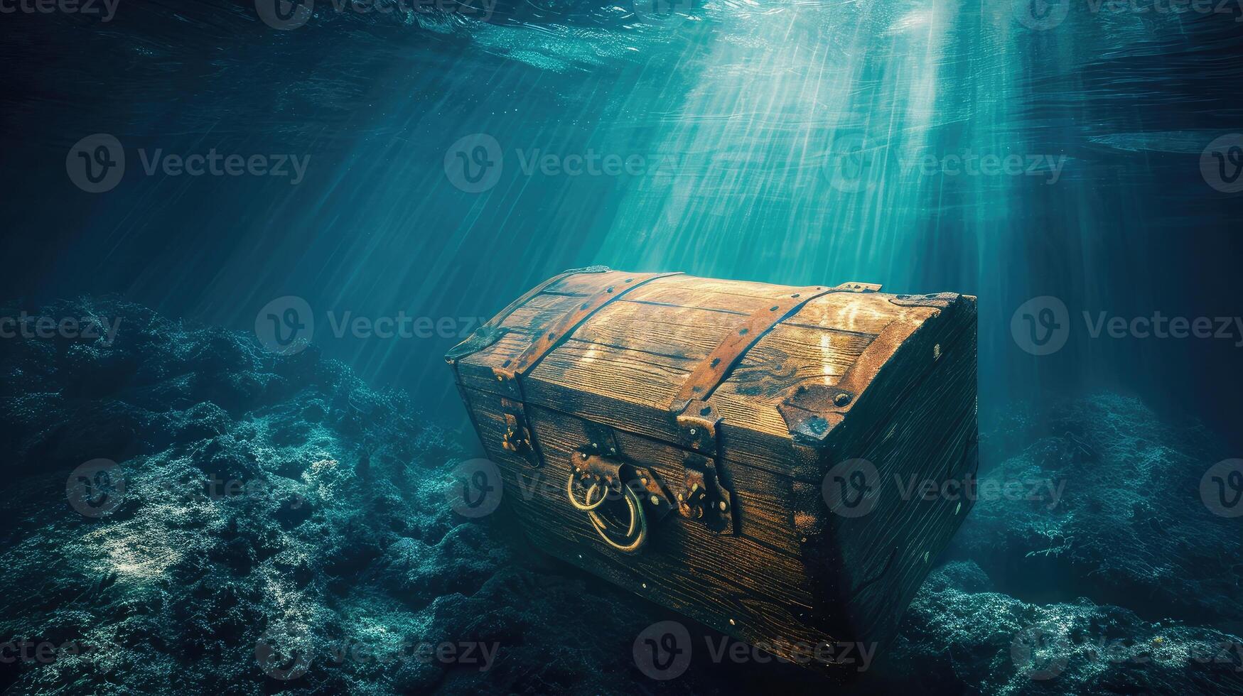 AI generated wooden treasure chest submerged underwater with light rays photo