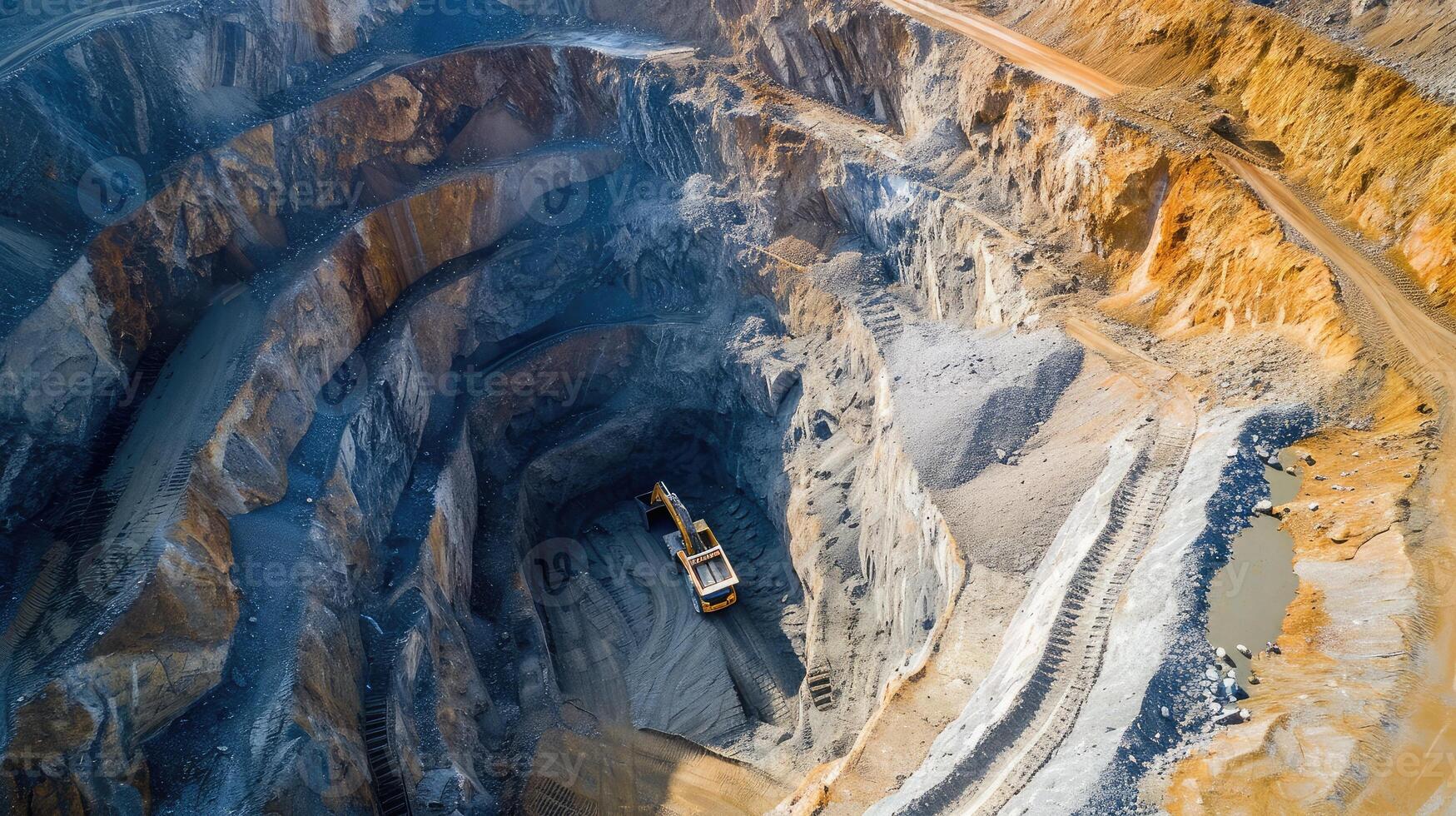 AI generated Work of trucks and the excavator in an open pit on gold mining photo