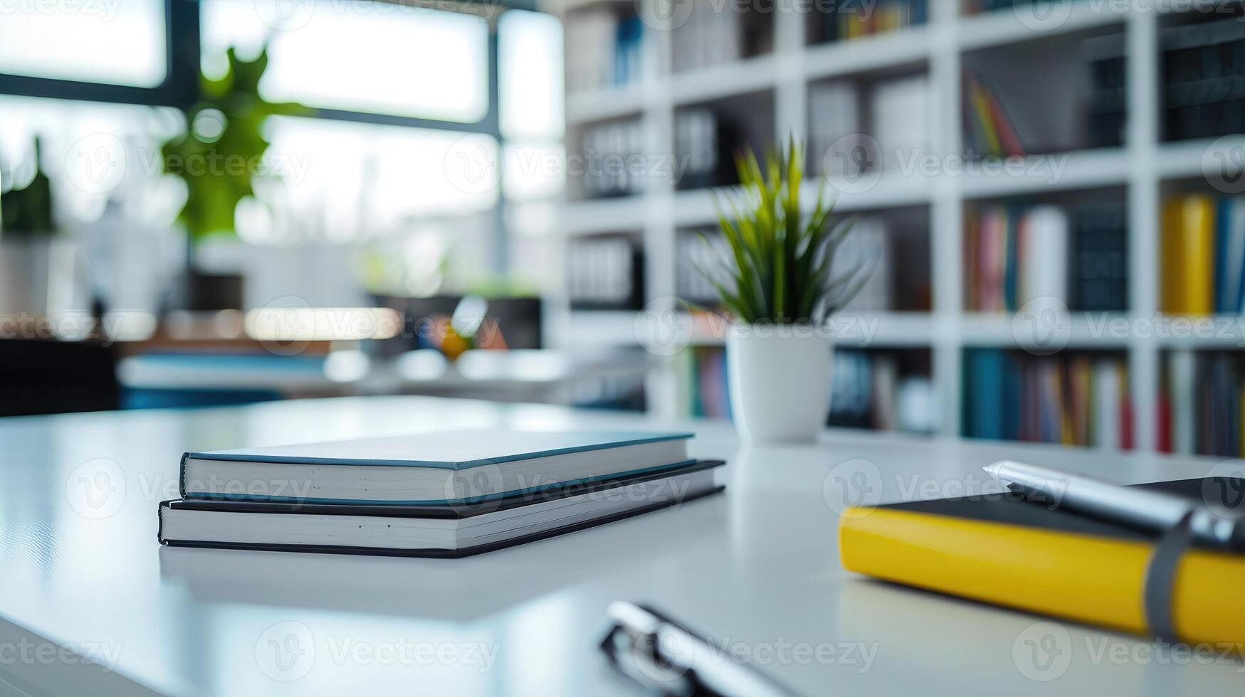 ai generado recortado Disparo de blanco mesa con libros, papelería y Copiar espacio en borroso estudiar habitación foto