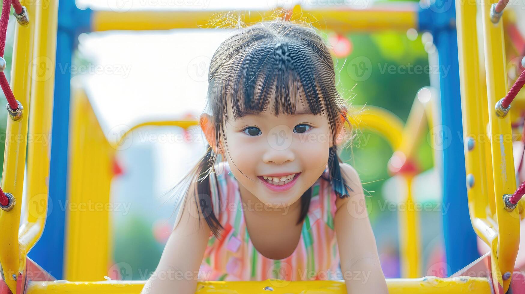 AI generated Cute asian girl smile play on school or kindergarten yard or playground. Healthy summer activity for children. Little asian girl climbing outdoors at playground. photo