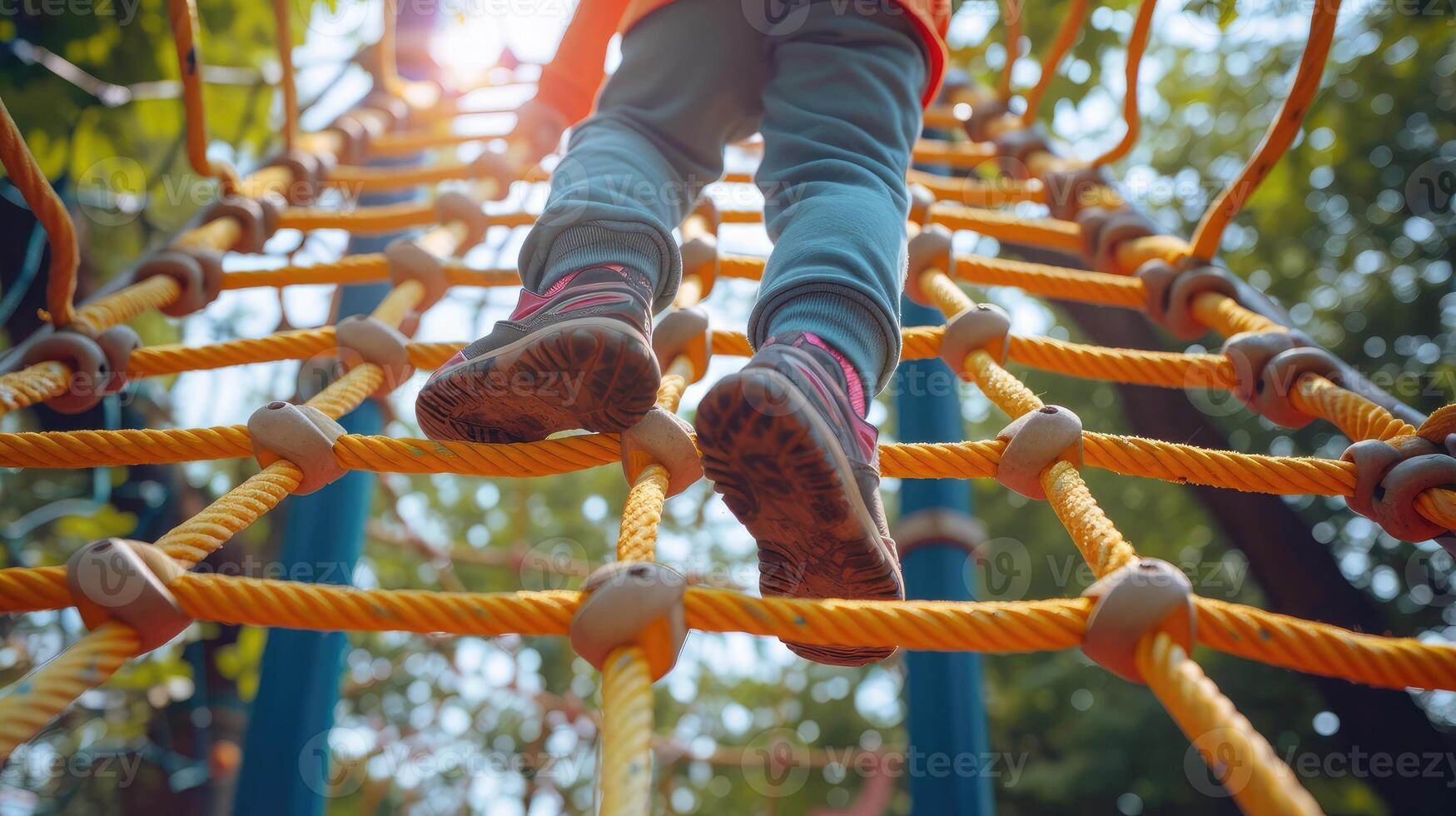 AI generated child climbs up an alpine grid in a park on a playground on a hot summer day. children's playground in a public park, entertainment and recreation for children, mountaineering training. photo