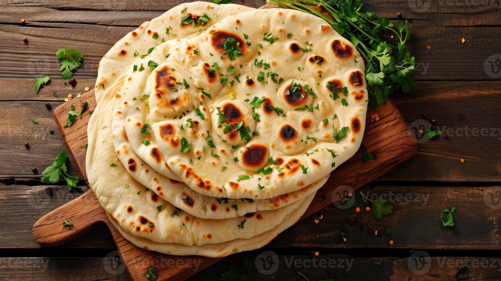 AI generated Indian naan bread on wooden table. photo