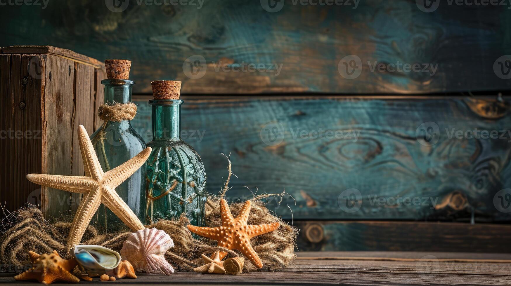 AI generated Sea and ocean gifts on a wooden background. Marine things. Sea products. Water Background for real man captains and sailors. Pirate design. Bottle, rope, star. Underwater treasures photo