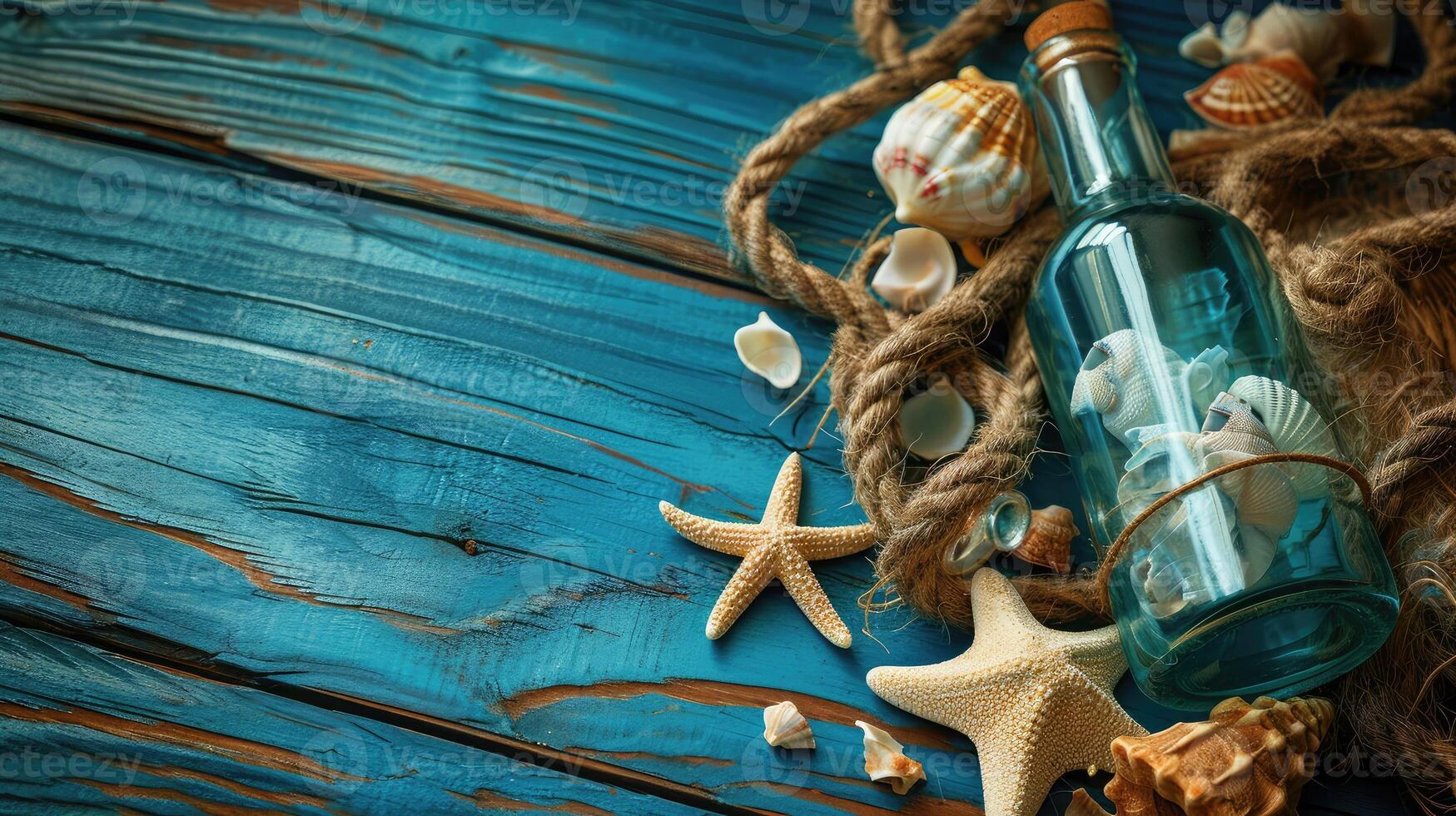 AI generated Sea and ocean gifts on a wooden background. Marine things. Sea products. Water Background for real man captains and sailors. Pirate design. Bottle, rope, star. Underwater treasures photo