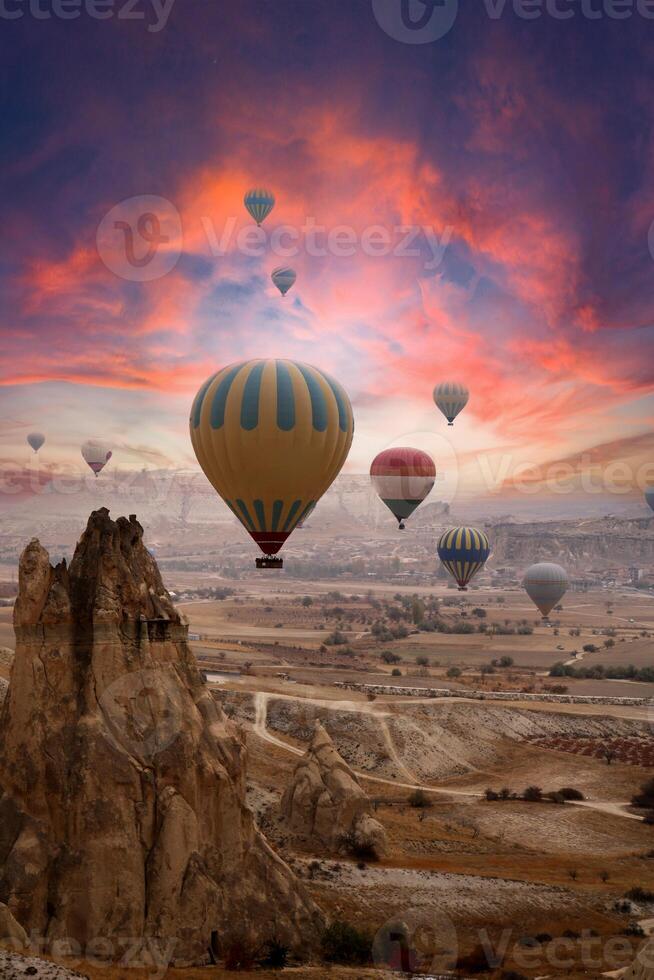 Flying hot air balloons in Cappadocia. Nevsehir,Turkey photo