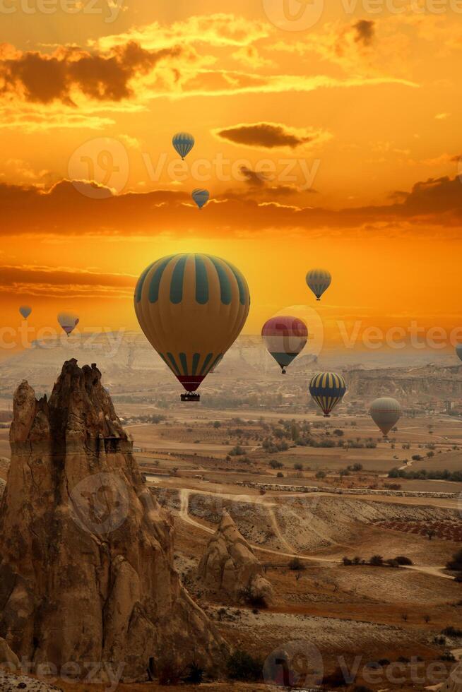 Flying hot air balloons in Cappadocia. Nevsehir,Turkey photo