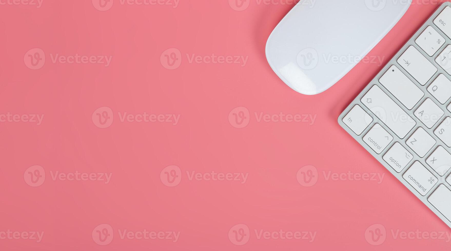 Flat lay, top view office table desk. Workspace with keyboard and mouse on pink background, banner background with copy space. photo