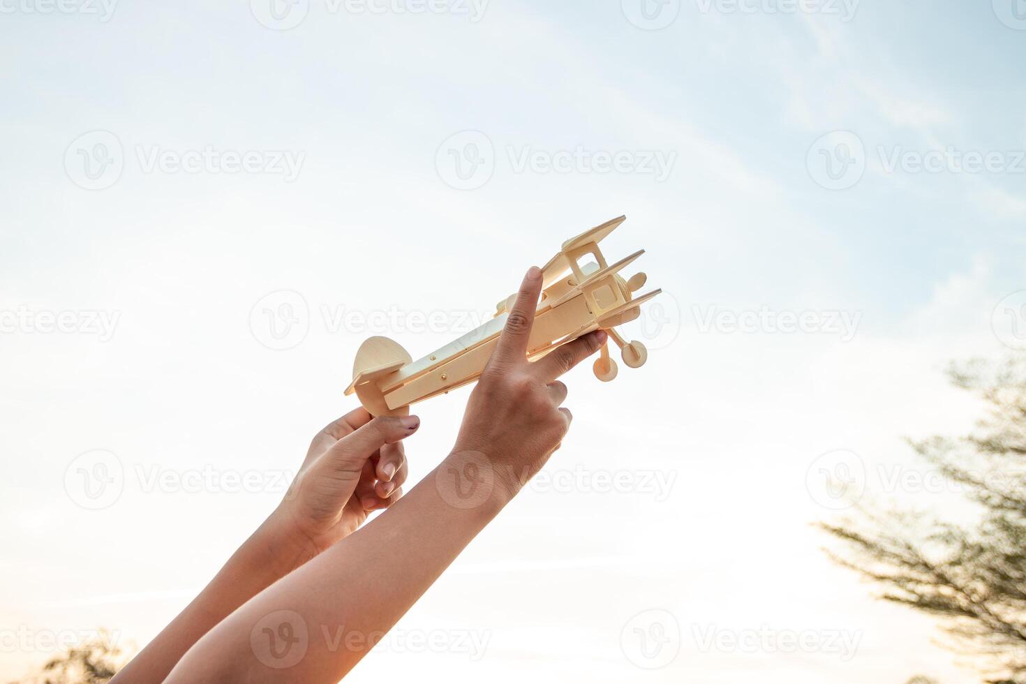 Child Holding a Wooden Airplane Model High in the Sky photo