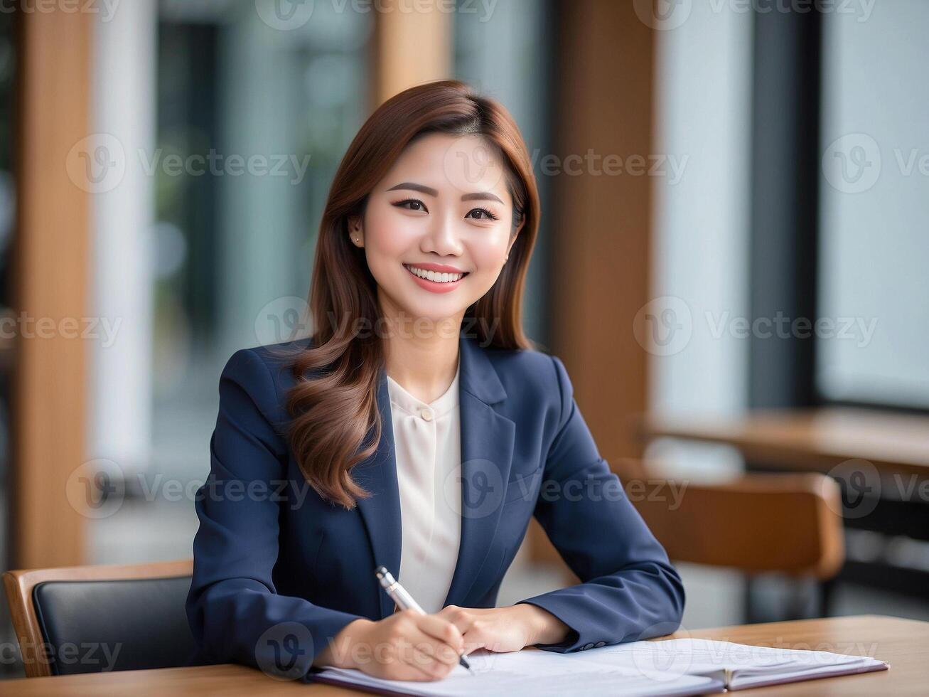 AI generated Asian business woman, happy confident positive female entrepreneur. photo