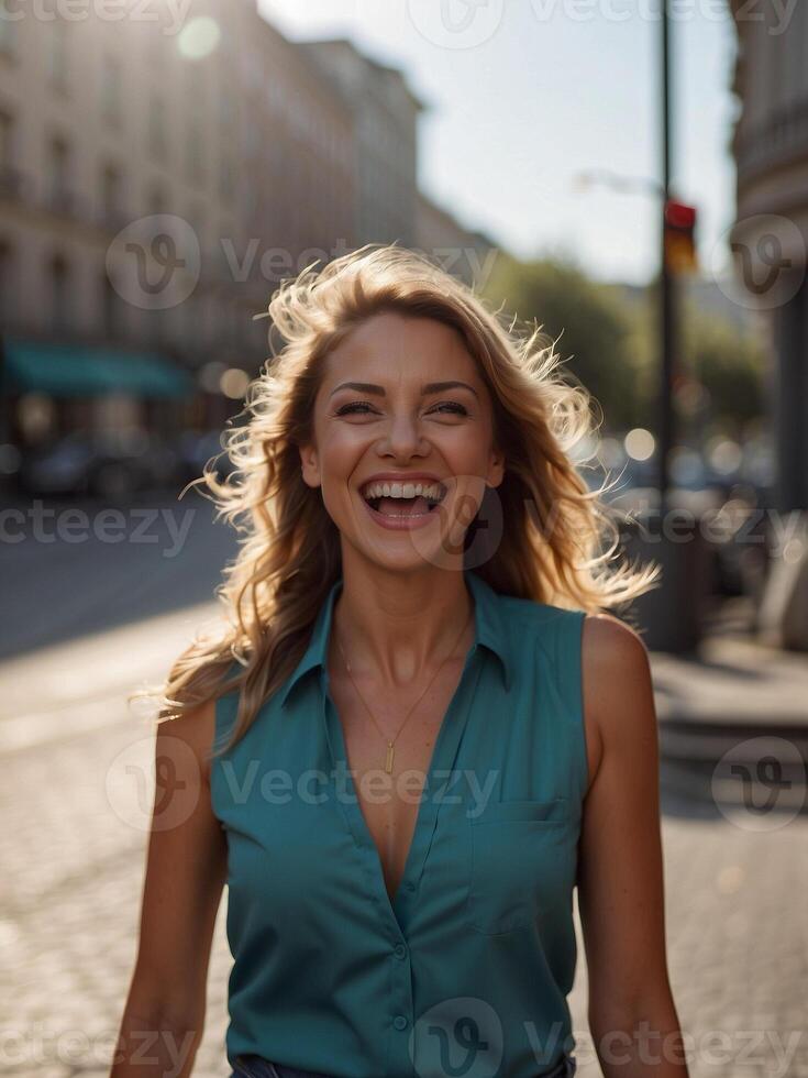 AI generated Outdoors portrait of beautiful young woman laughing photo