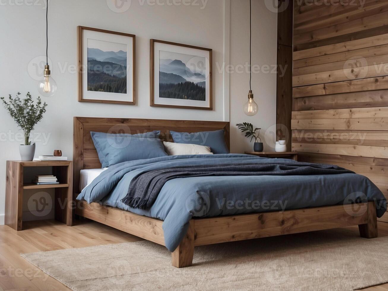 AI generated Rustic wooden bed with blue pillows and two bedside cabinets with posters frames. Farmhouse interior design of modern bedroom. photo