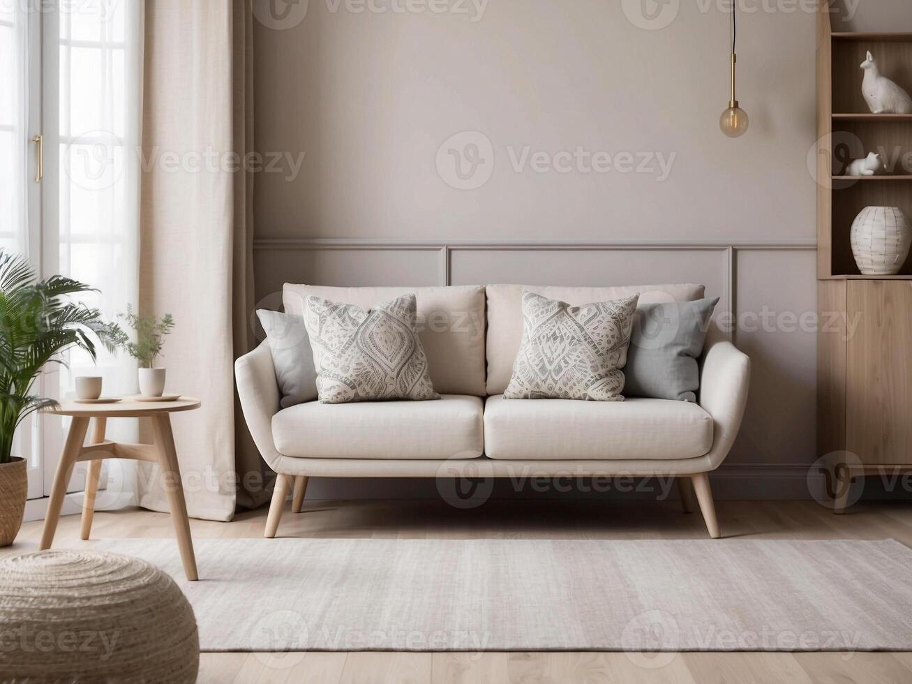 AI generated Beige scandinavian settee with patterned pillows in stylish living room interior photo