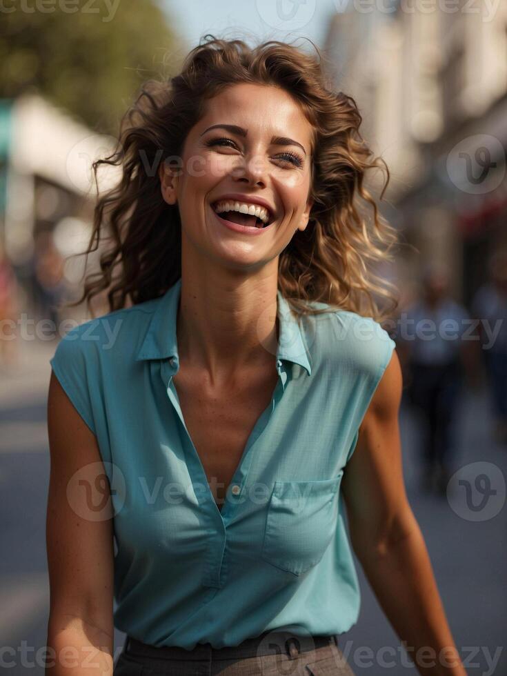 AI generated Outdoors portrait of beautiful young woman laughing photo